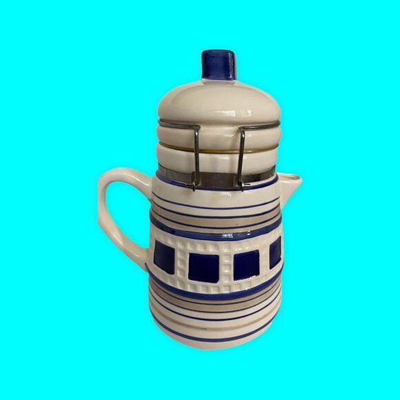 Vintage Lighthouse Teapot Canister with Bale Blue and White As Is READ 8.5"x4.5" - Picture 5 of 10